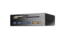AKASA Čtečka karet Interconnect EX do 5.25”, 5-slotová, 4x USB 3.0, 2x nabíjecí port USB, E-SATA, černý hliník